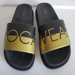 Rocawear Jay-Z's Y2K Platform Slip-On Slides Black/Gold Hip Hop Womens Size 9